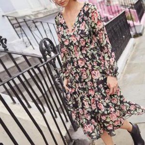 NWOT The Kooples Black Silk Dress Rose Print Sz S